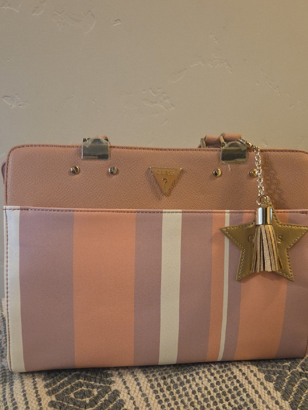 Guess Pink Peach Striped Tote with Gold Star Tassel